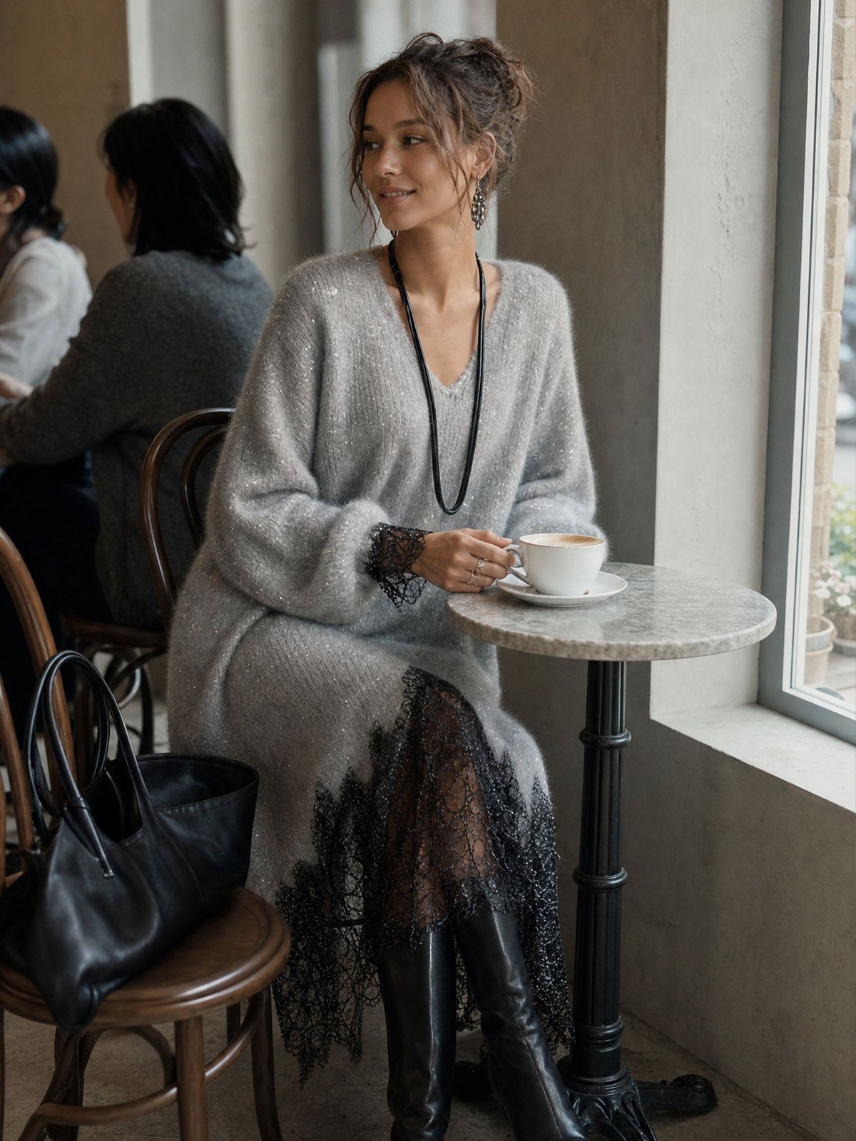 Paloma | Vestido midi gris de punto con encaje