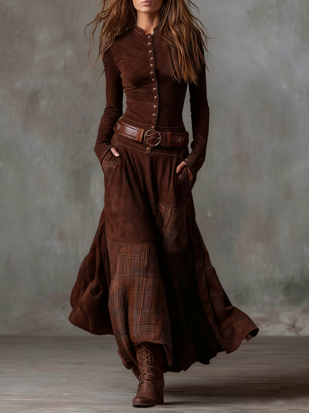 Guadalupe | Vestido largo efecto gamuza con cinturón