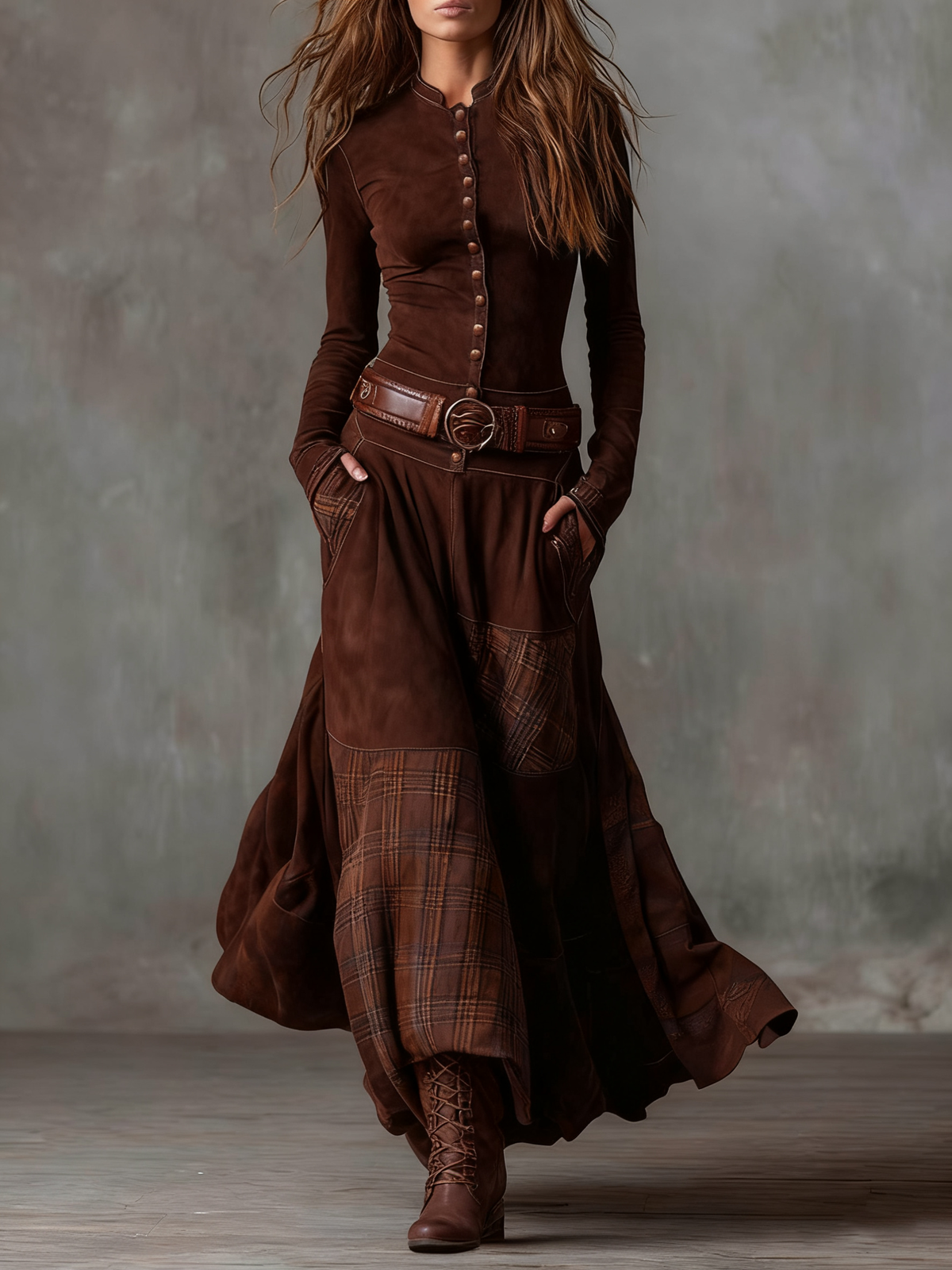 Guadalupe | Vestido largo efecto gamuza con cinturón