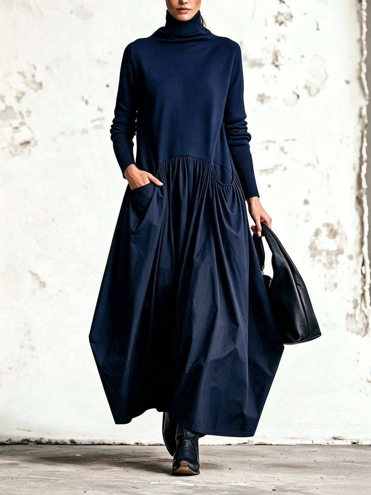 Camila | Vestido largo oversize de cuello alto con bolsillos