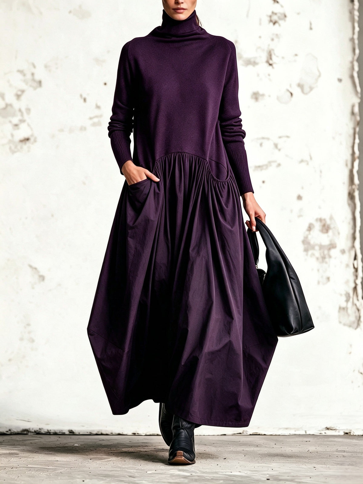 Camila | Vestido largo oversize de cuello alto con bolsillos