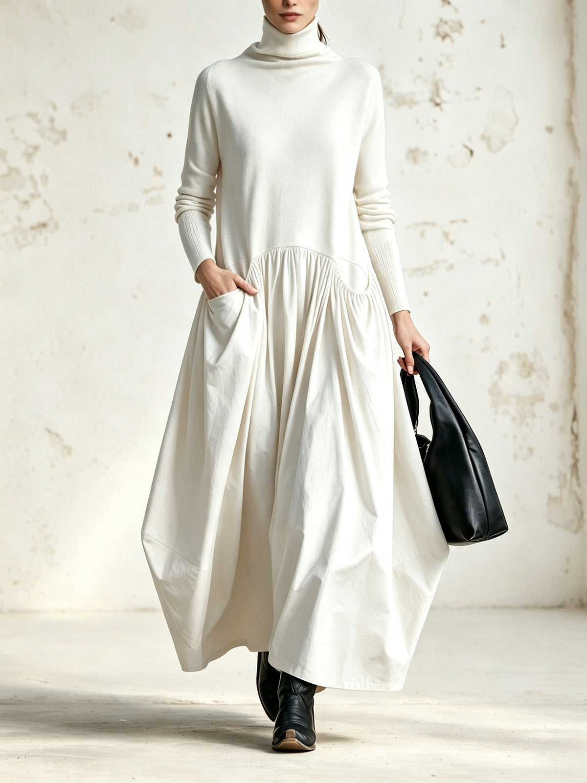 Camila | Vestido largo oversize de cuello alto con bolsillos