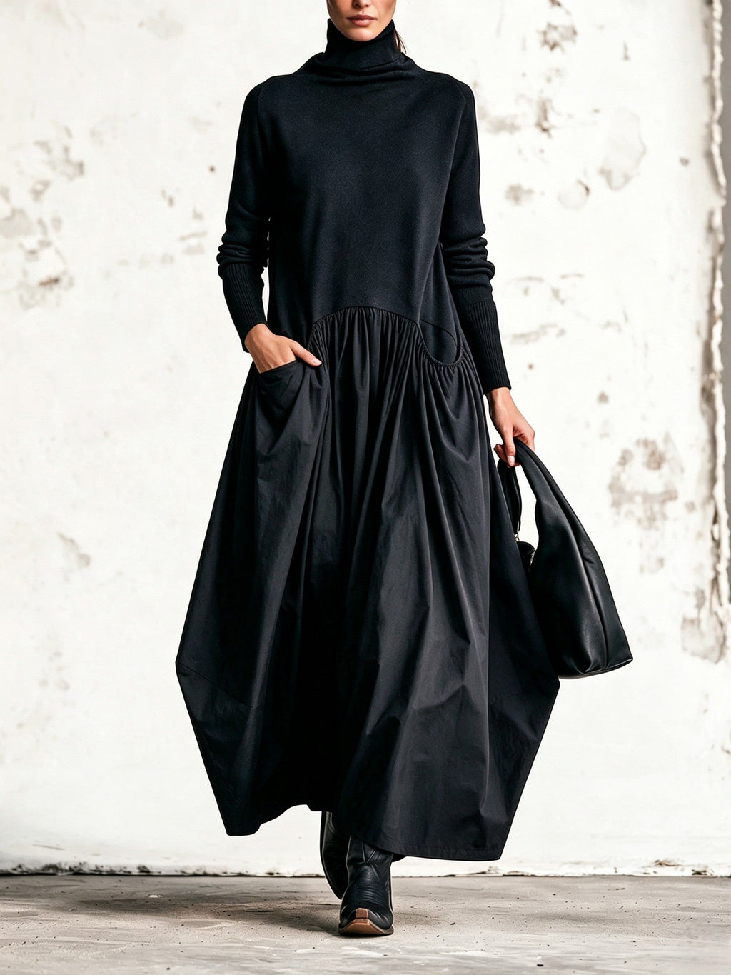 Camila | Vestido largo oversize de cuello alto con bolsillos