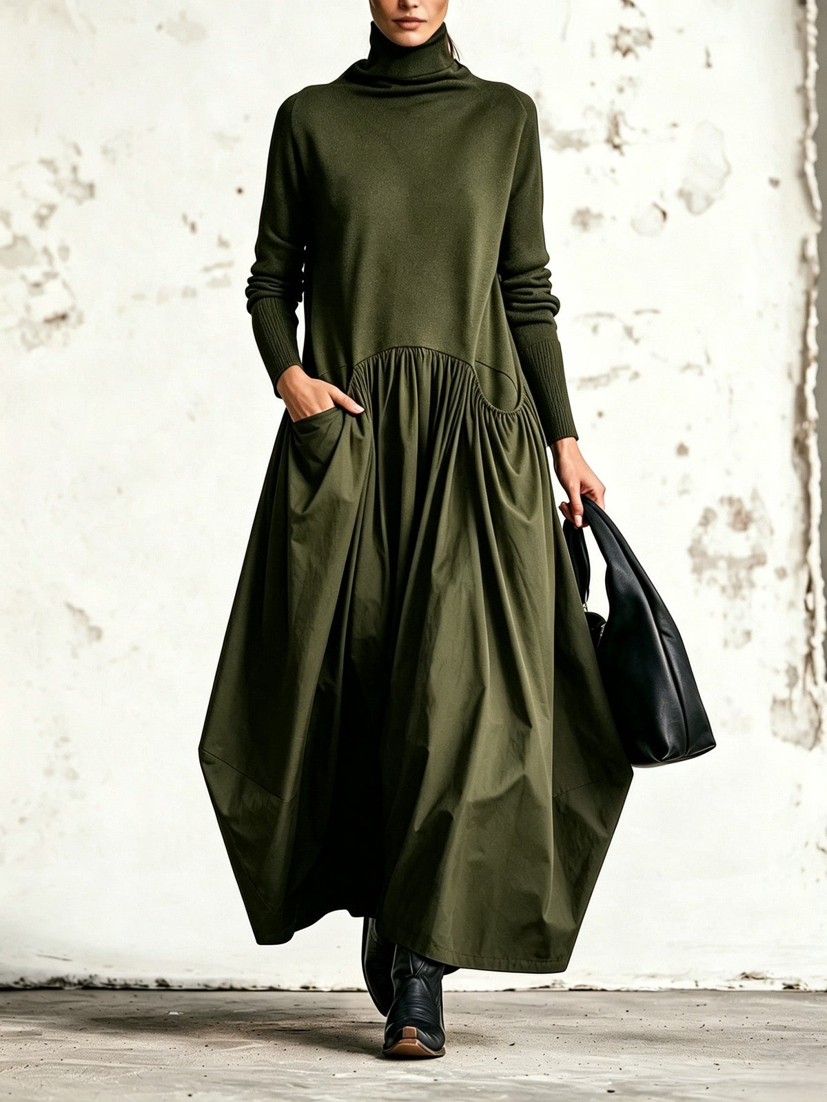 Camila | Vestido largo oversize de cuello alto con bolsillos
