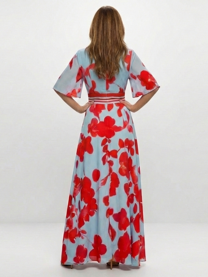 Sara | Vestido largo de manga corta con cuello en V y estampado floral