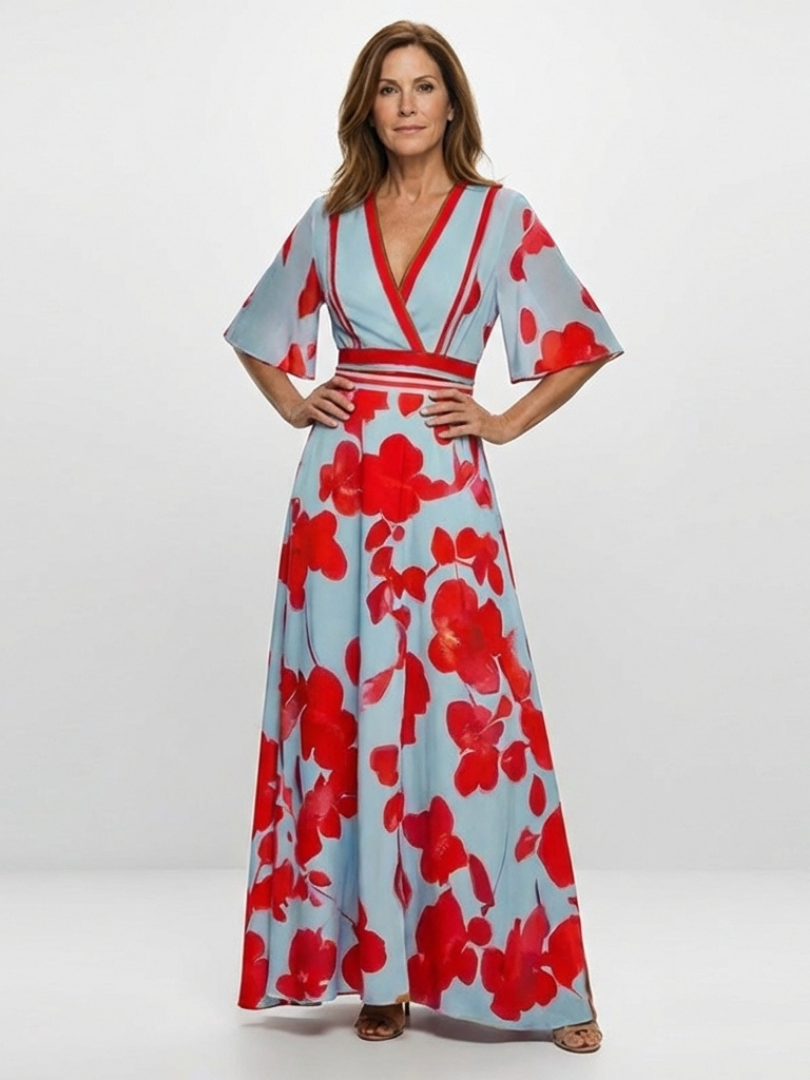 Sara | Vestido largo de manga corta con cuello en V y estampado floral