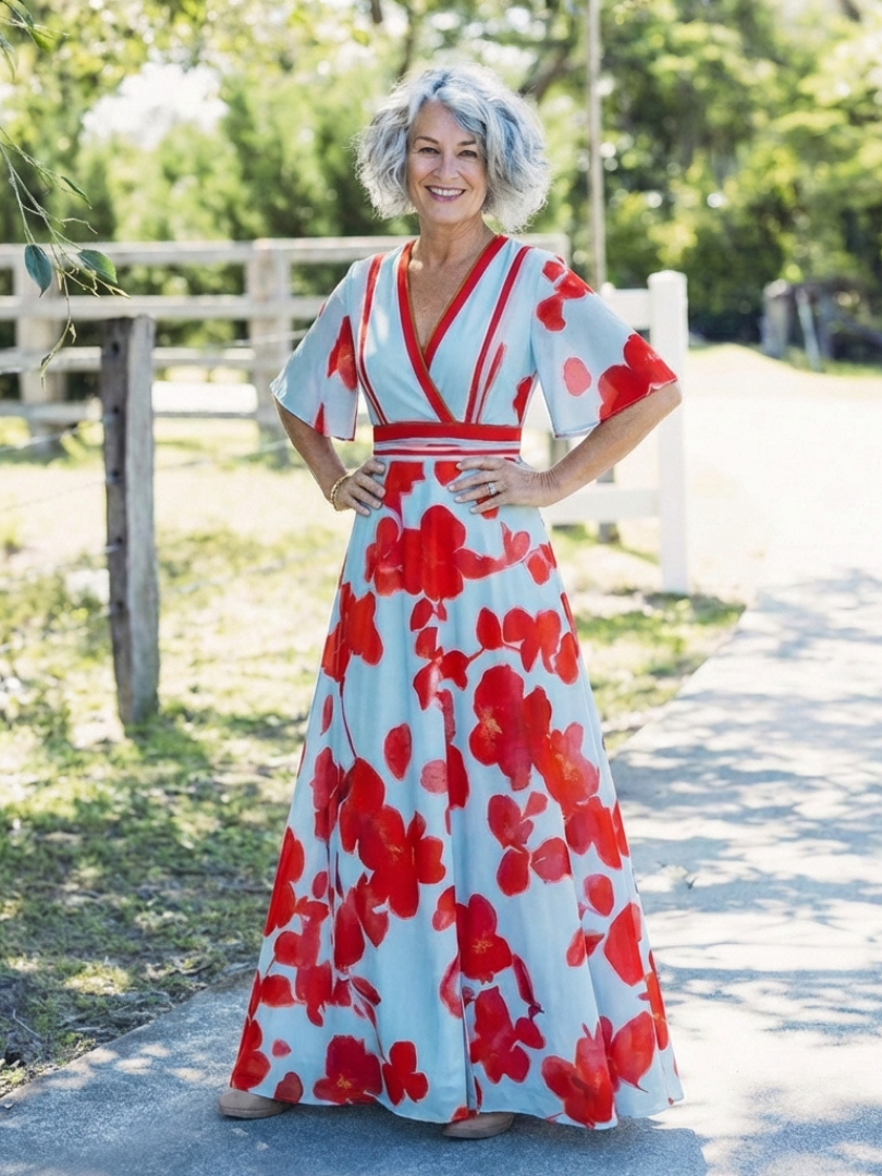 Sara | Vestido largo de manga corta con cuello en V y estampado floral