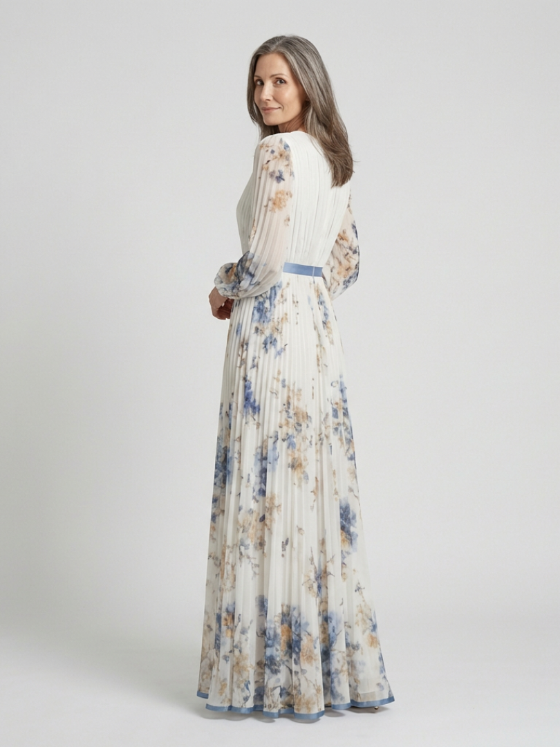 Sofía | Vestido largo de manga larga con cuello en V y estampado floral