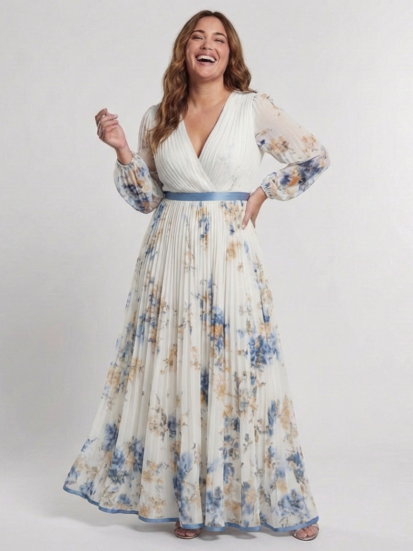 Sofía | Vestido largo de manga larga con cuello en V y estampado floral