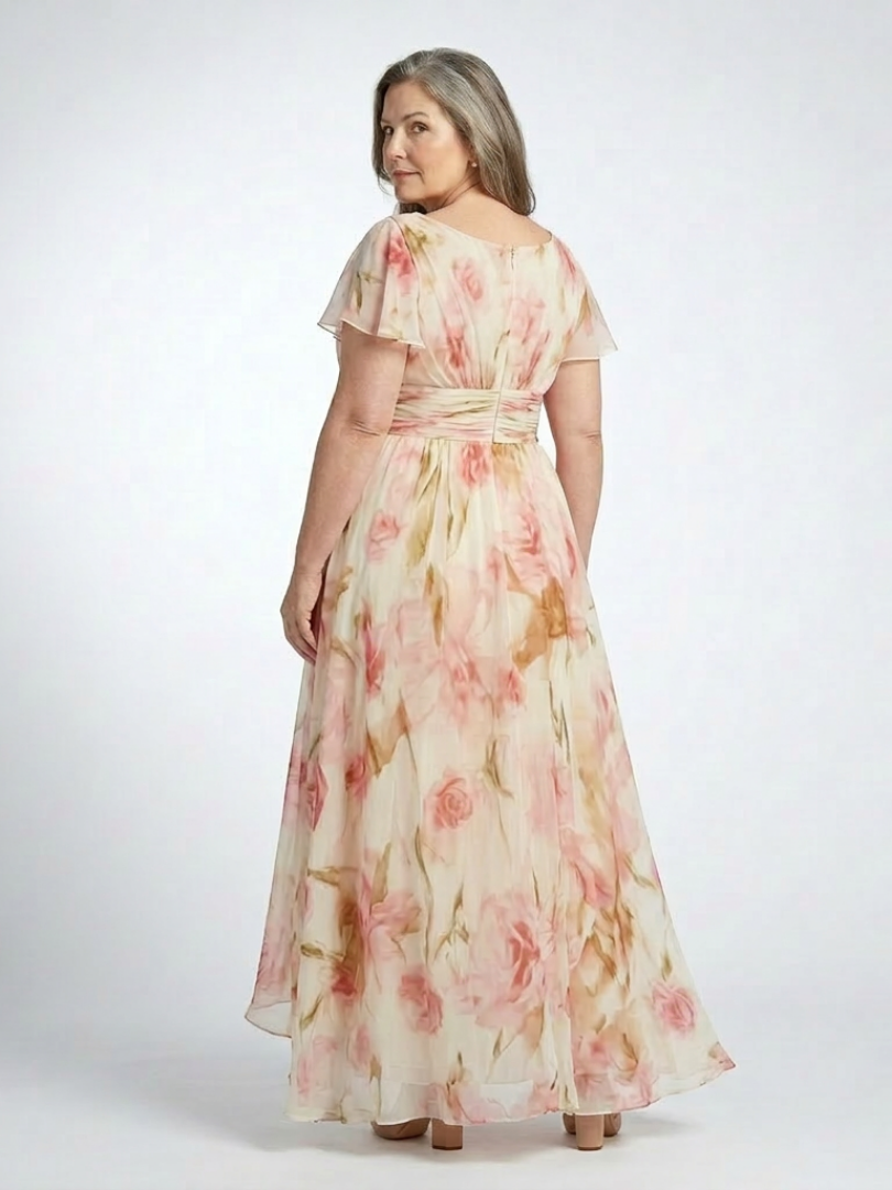 Maya | Vestido largo de manga corta con cuello en V y estampado floral