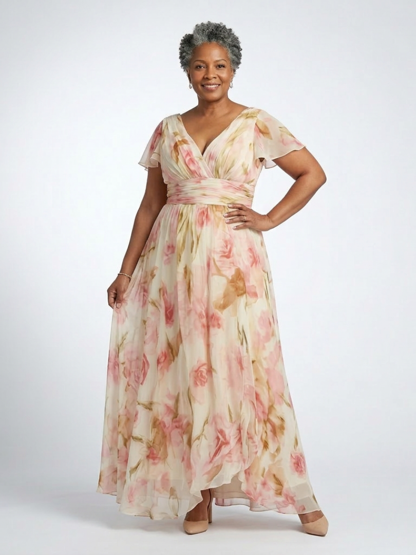 Maya | Vestido largo de manga corta con cuello en V y estampado floral