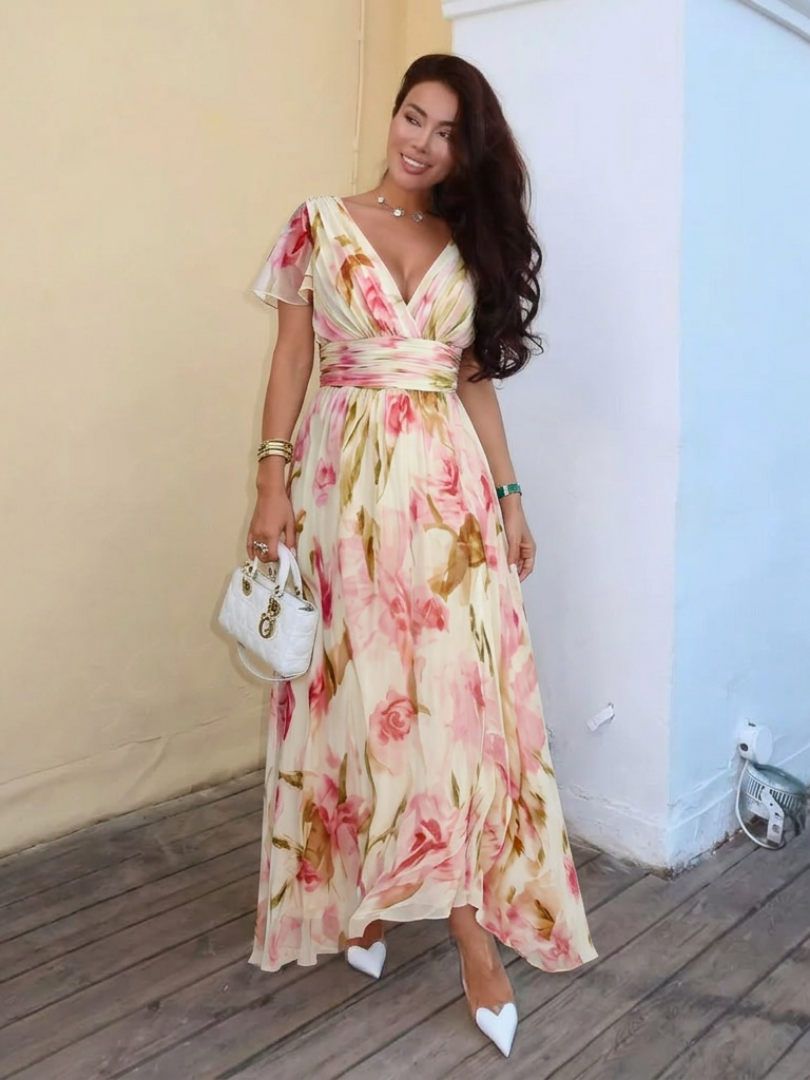Maya | Vestido largo de manga corta con cuello en V y estampado floral