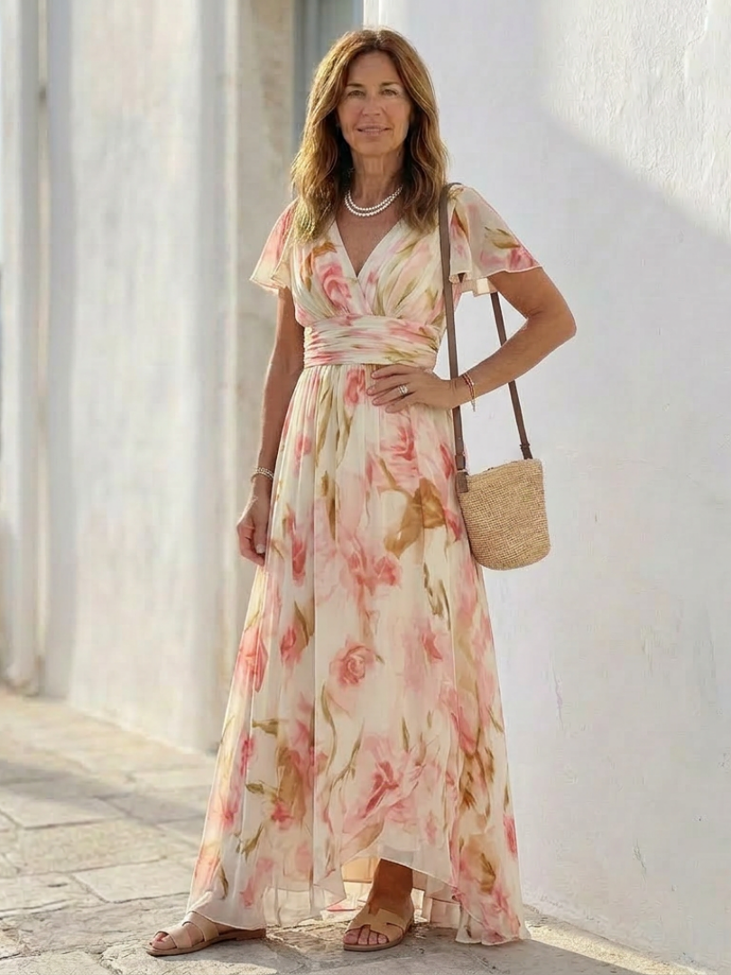 Maya | Vestido largo de manga corta con cuello en V y estampado floral