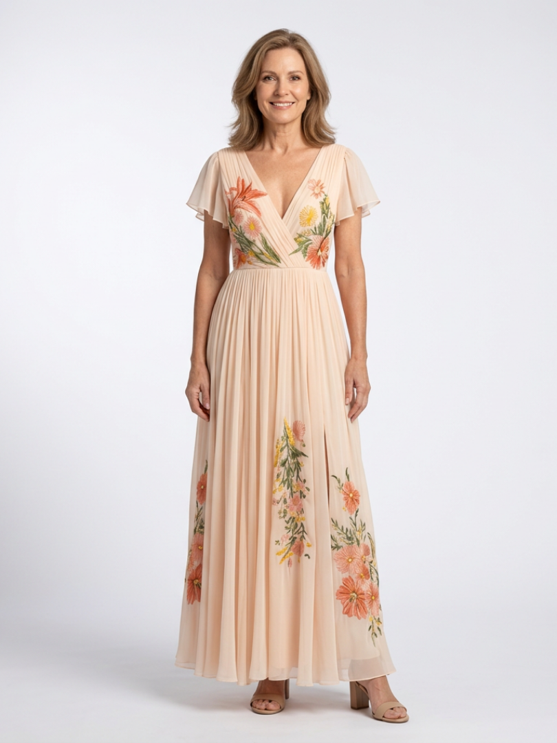 Vega | Vestido largo floral plisado de manga corta y cuello en V