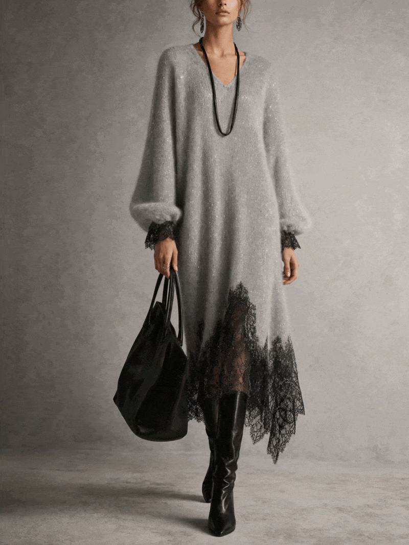 Paloma | Vestido midi gris de punto con encaje
