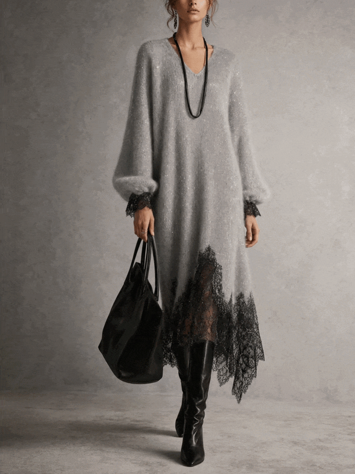 Paloma | Vestido midi gris de punto con encaje