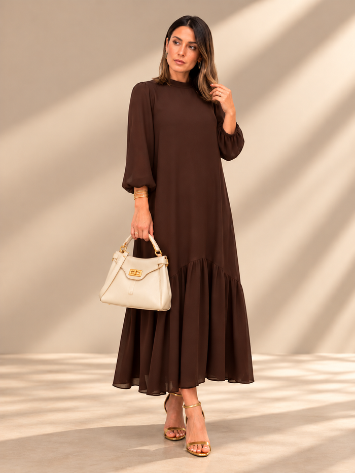 Vestido gasa liso marrón | Andrea