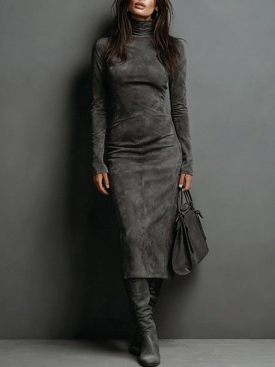 Renata | Vestido midi café efecto gamuza