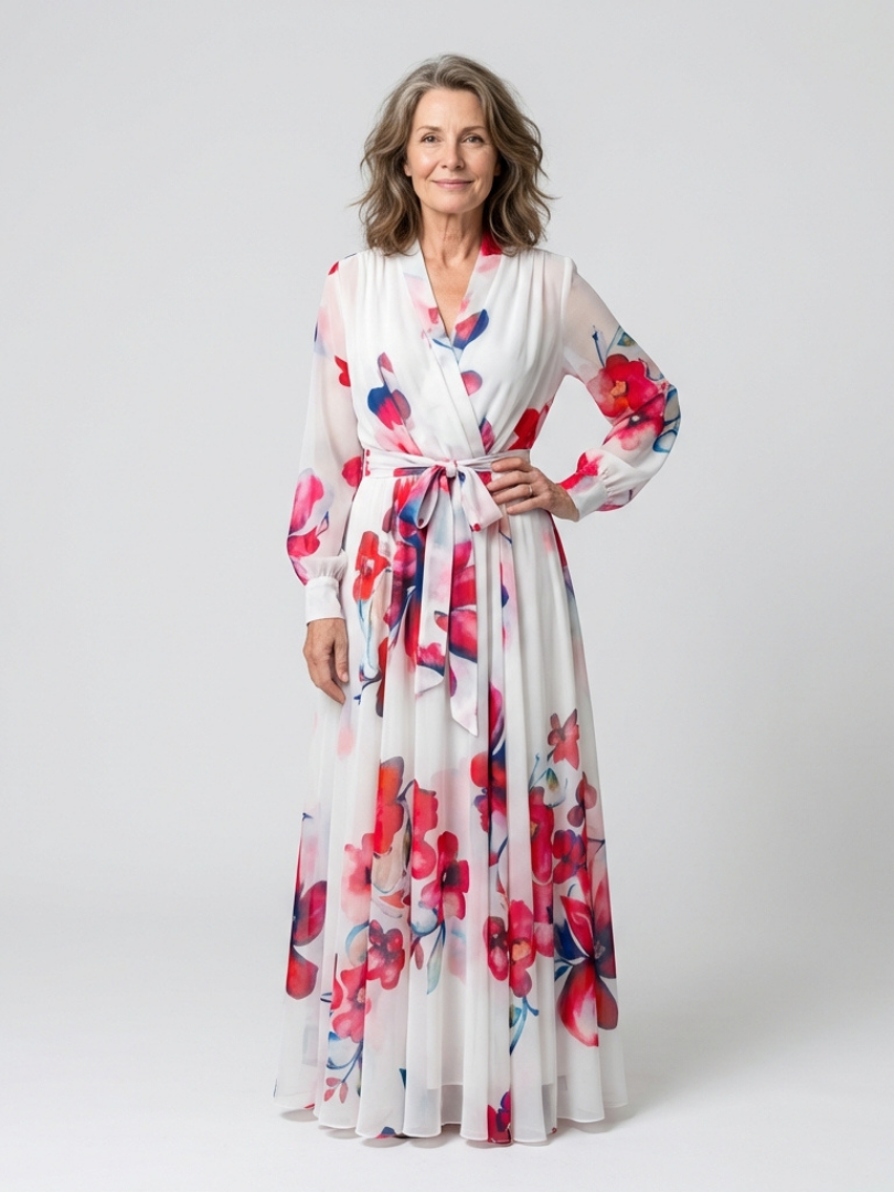 Vivianne | Vestido largo cruzado de manga larga con estampado floral