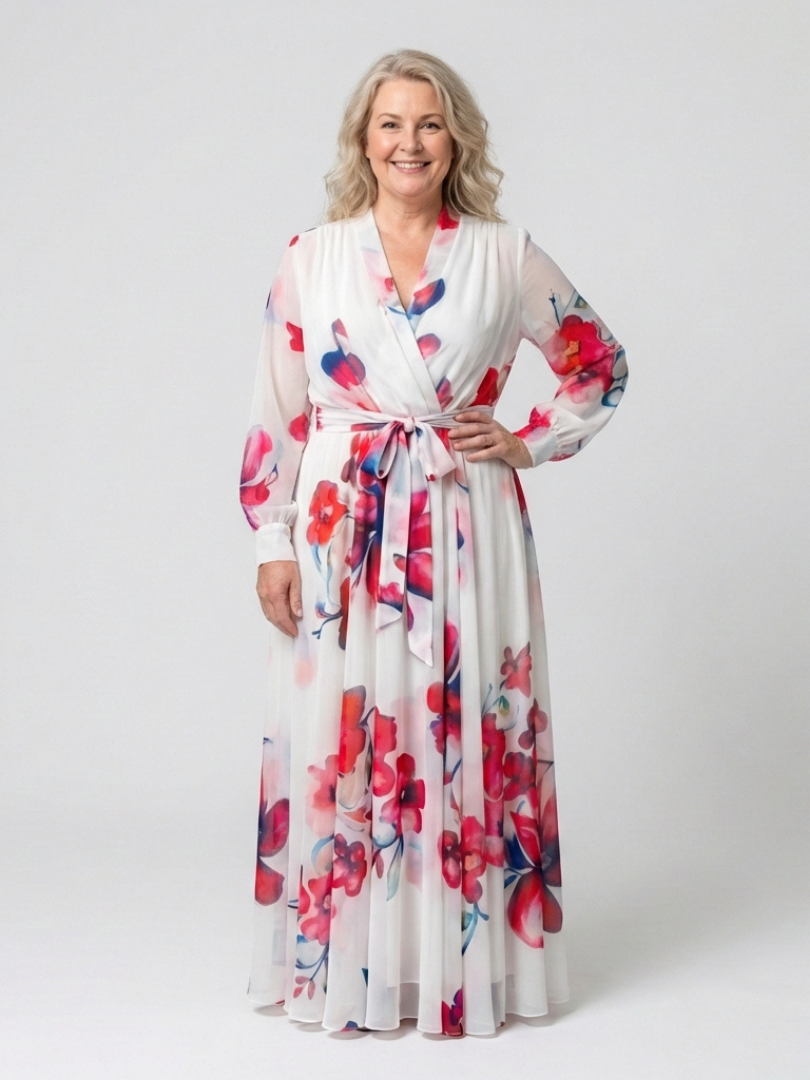 Vivianne | Vestido largo cruzado de manga larga con estampado floral