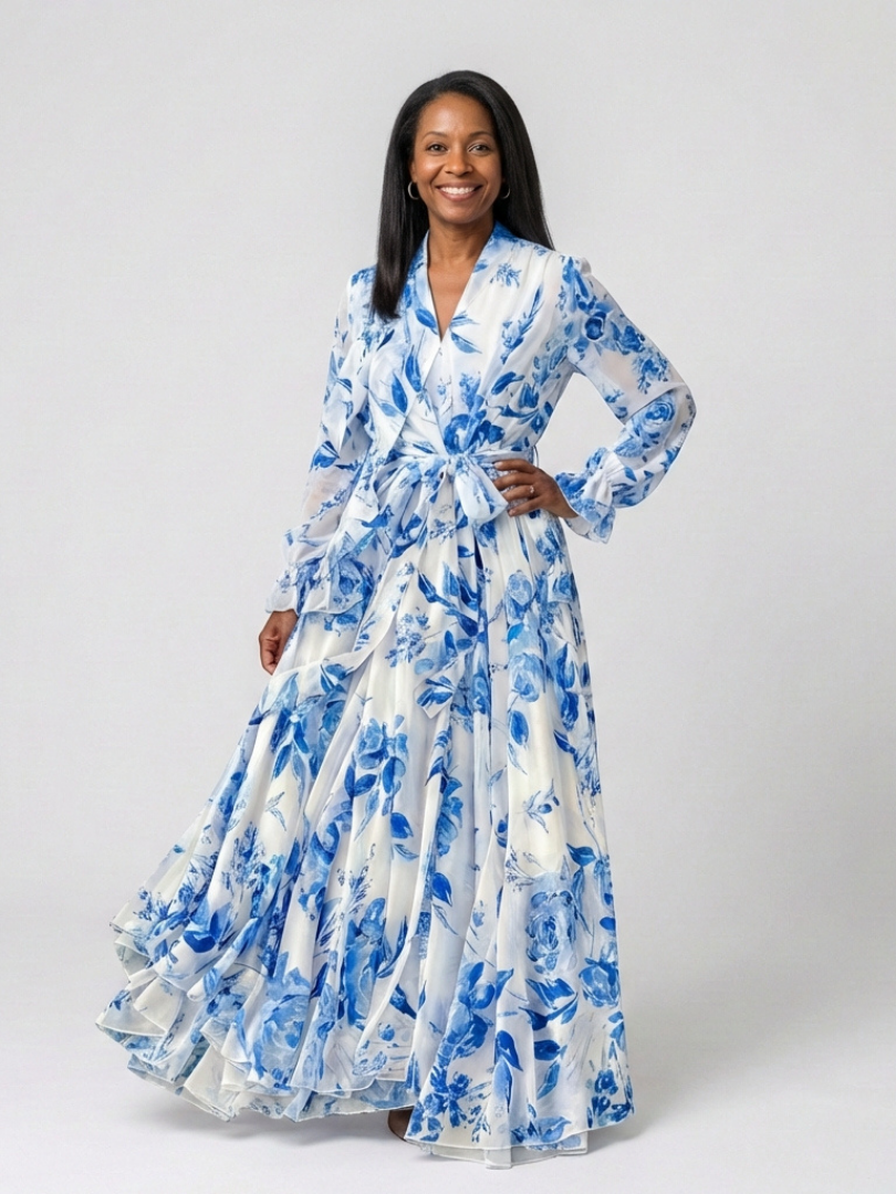 Vivianne | Vestido largo cruzado de manga larga con estampado floral