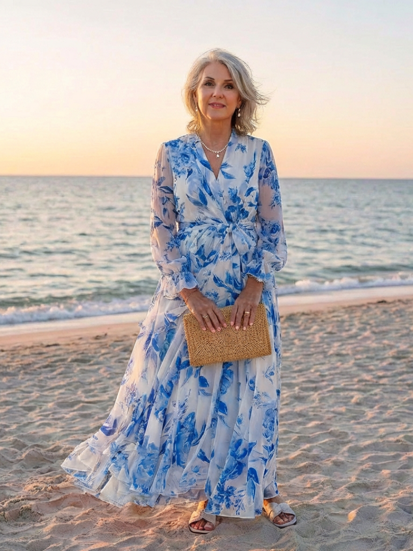 Vivianne | Vestido largo cruzado de manga larga con estampado floral