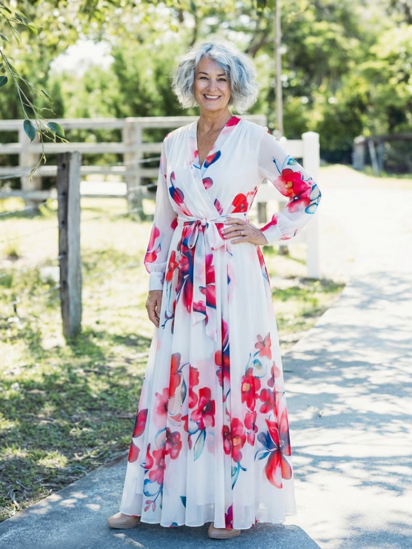 Vivianne | Vestido largo cruzado de manga larga con estampado floral