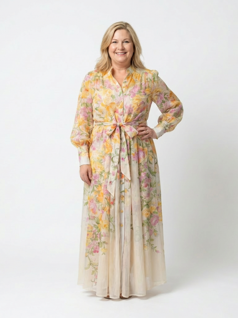 Noa |  Vestido largo de manga larga con estampado floral y tejido transparente