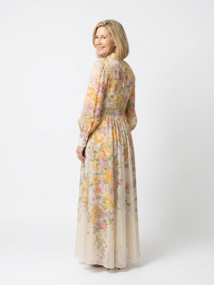 Noa |  Vestido largo de manga larga con estampado floral y tejido transparente