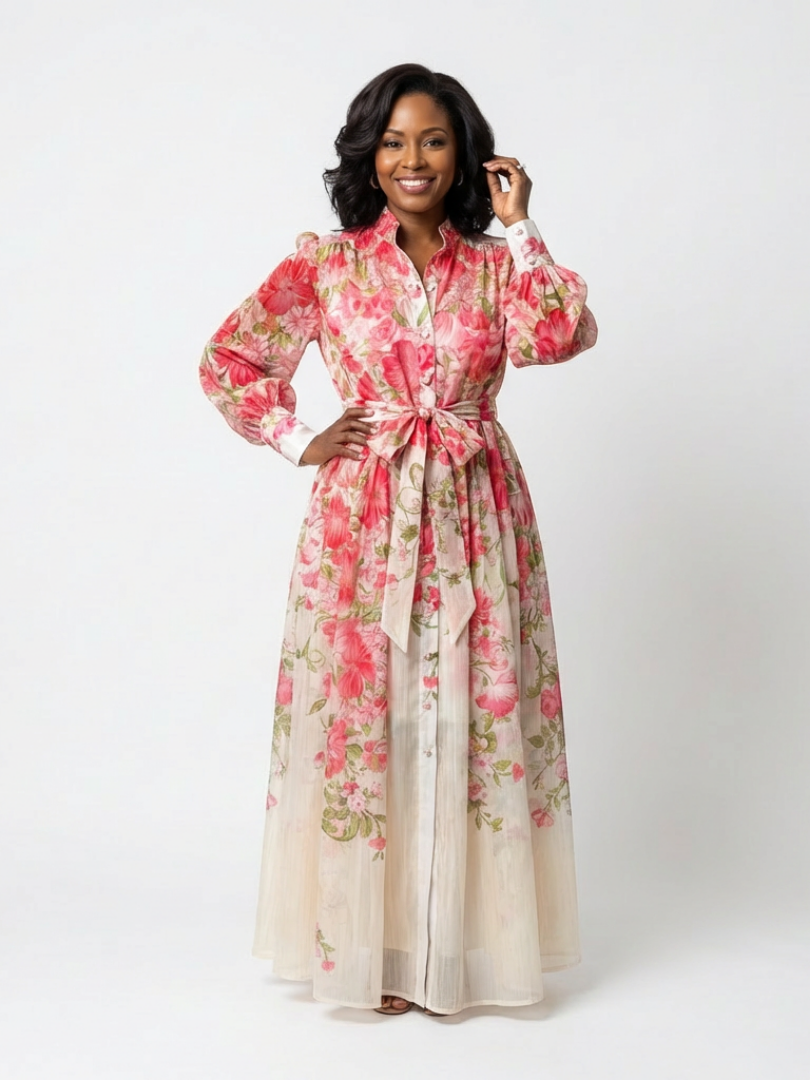 Noa |  Vestido largo de manga larga con estampado floral y tejido transparente