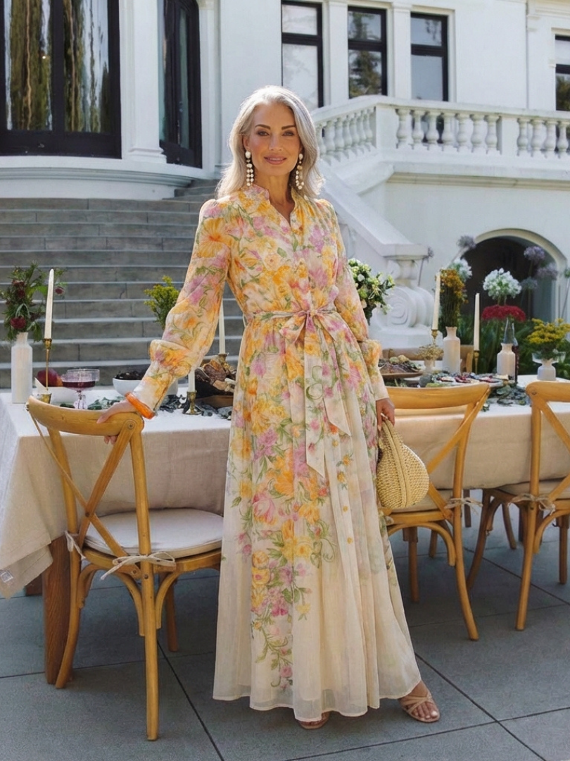 Noa |  Vestido largo de manga larga con estampado floral y tejido transparente