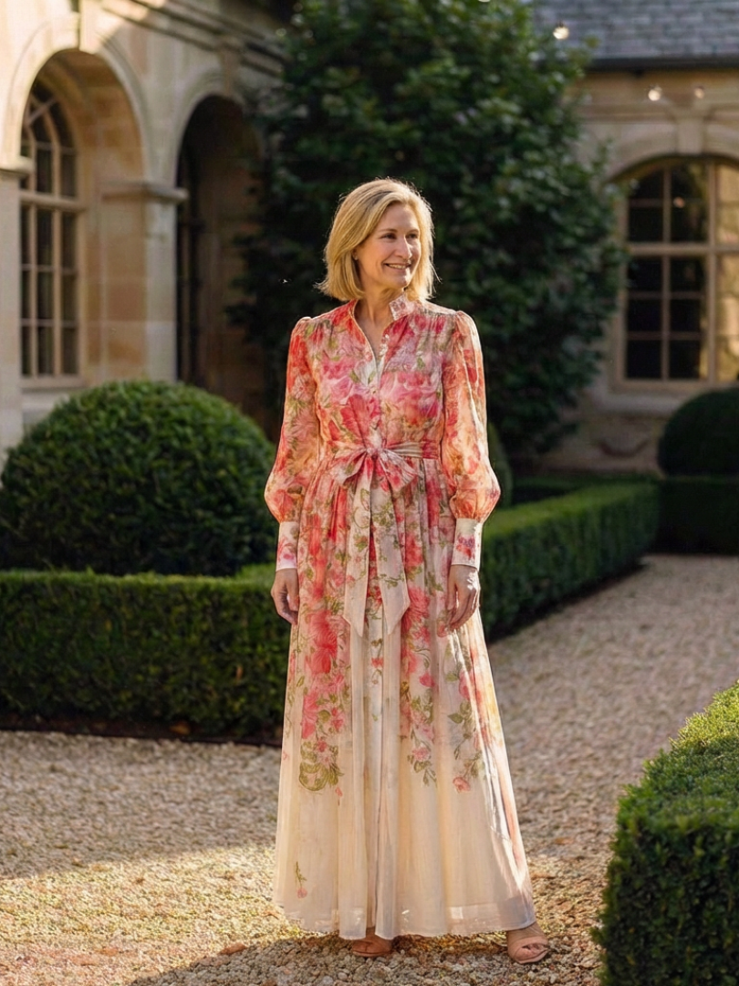 Noa |  Vestido largo de manga larga con estampado floral y tejido transparente